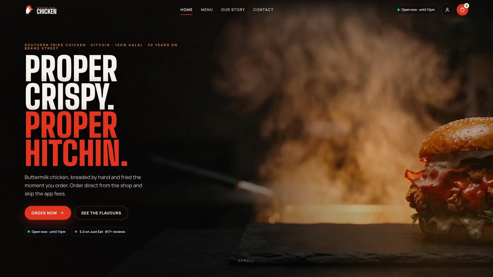 Southern Fried Chicken homepage with the headline Proper crispy, proper Hitchin over a cinematic food film