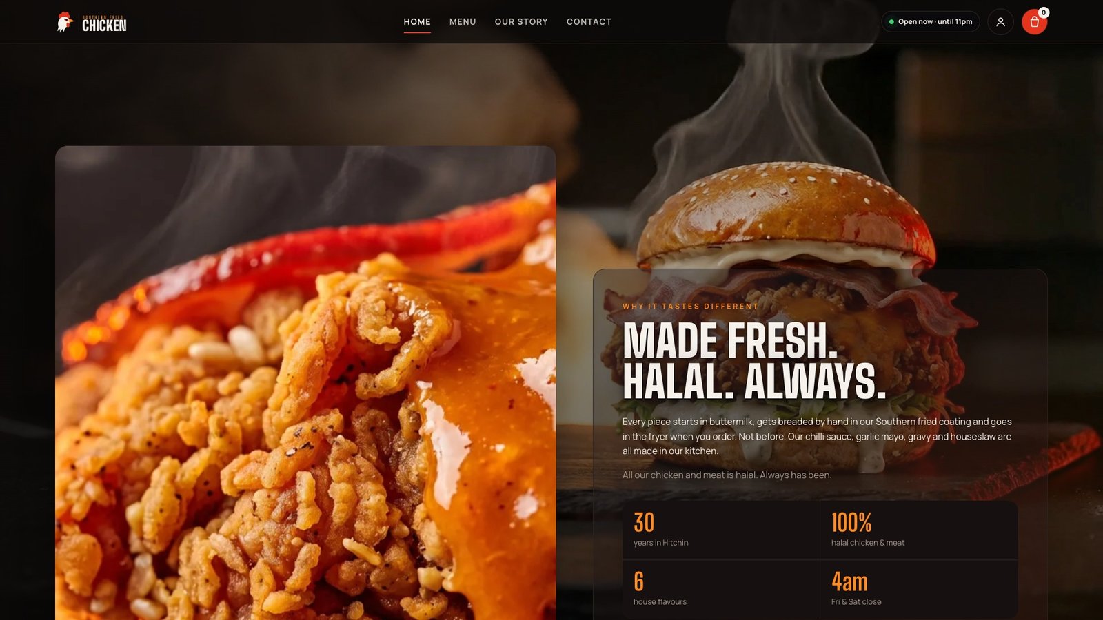 Made fresh, halal, always section with close-up food photography