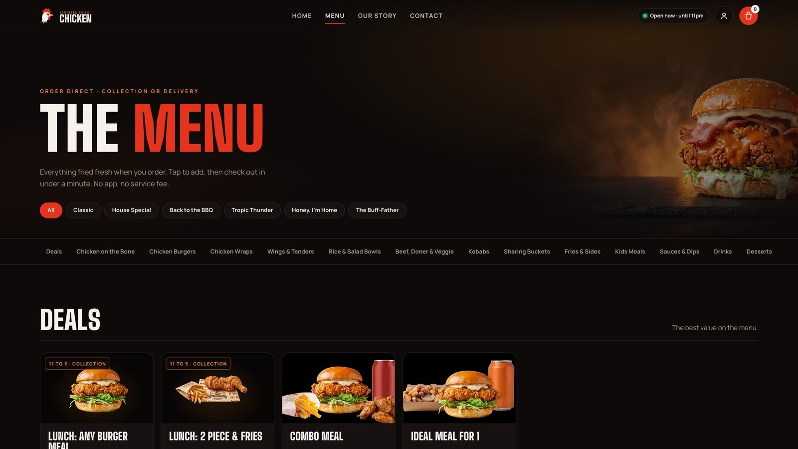 The full menu page with category filters and deals