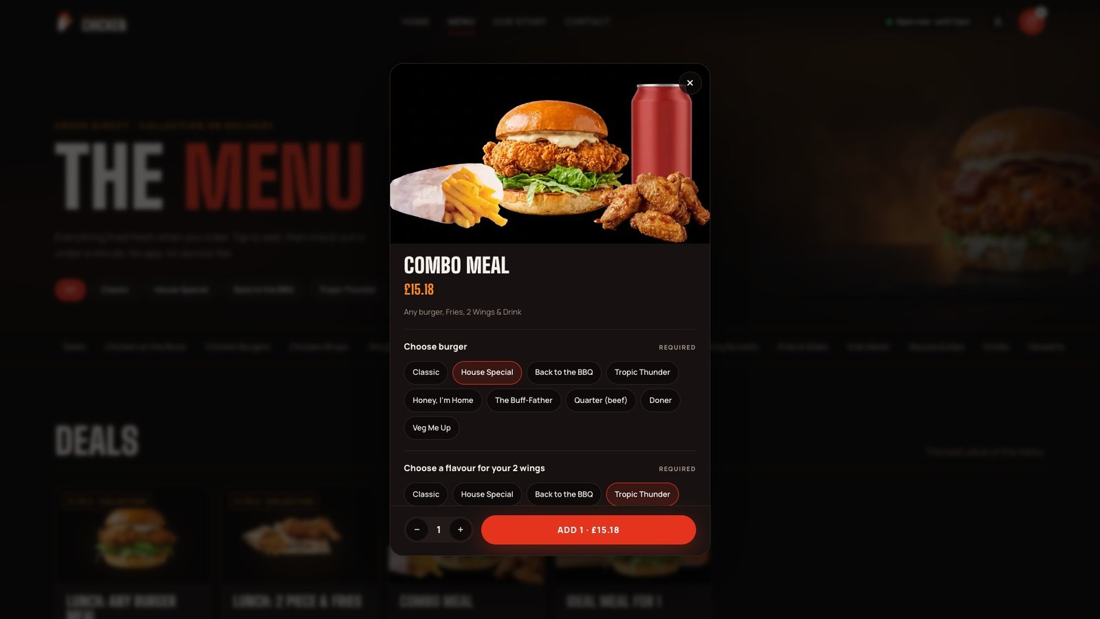 Combo meal customisation panel with burger and flavour choices
