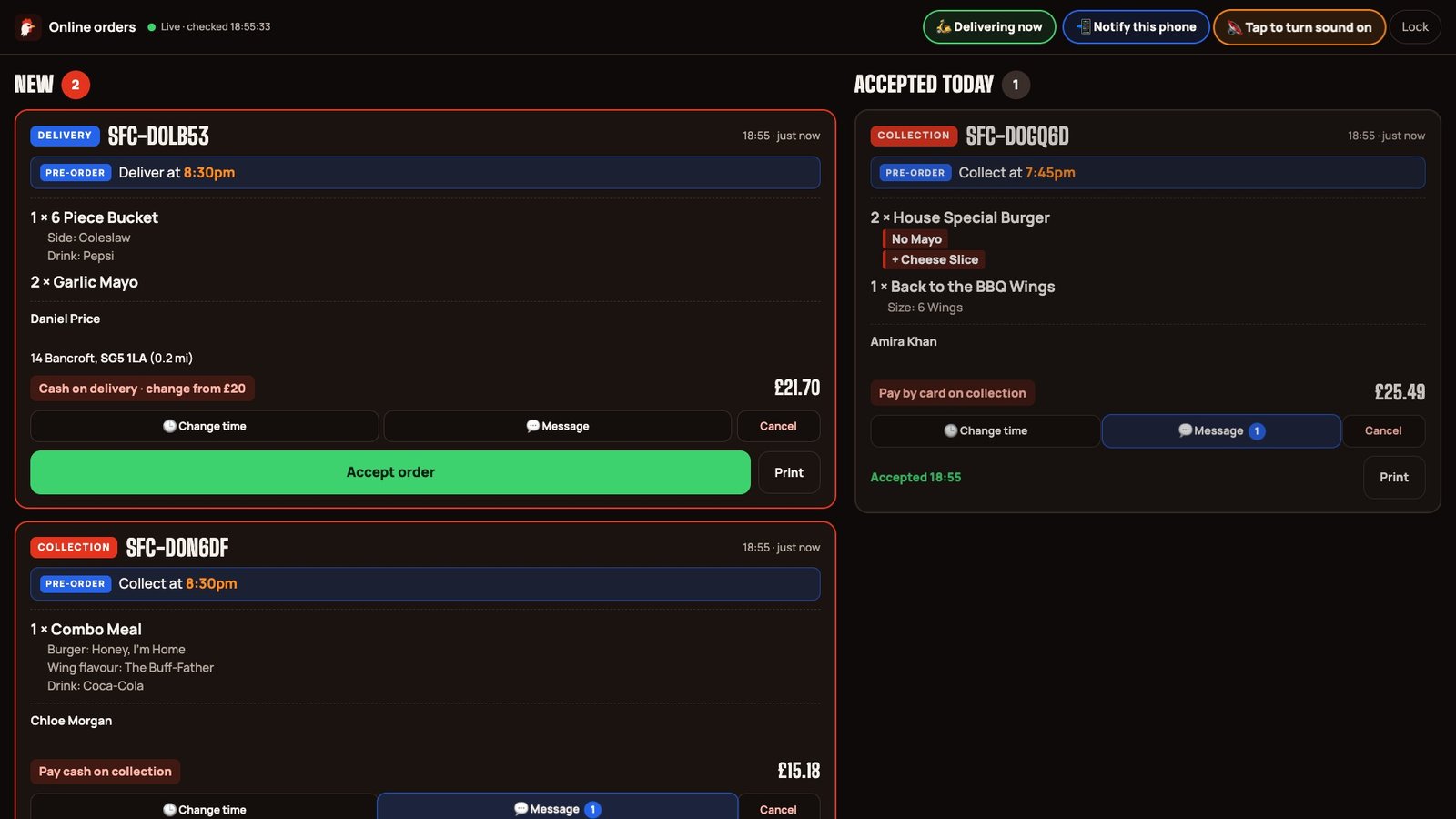 Staff order dashboard with new and accepted orders