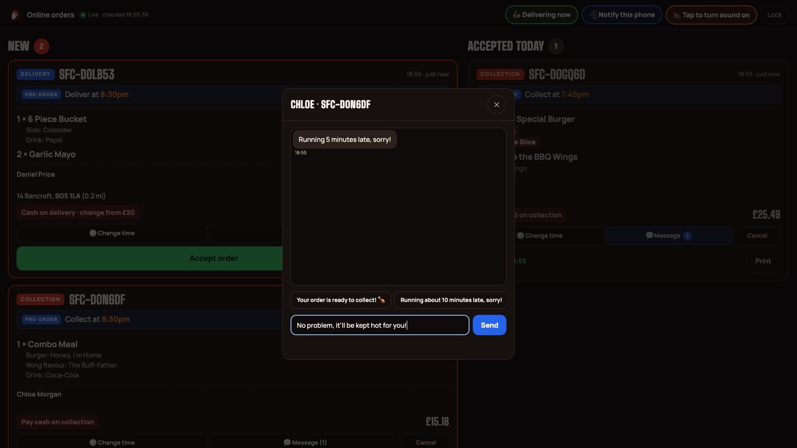 Staff chat window replying to a customer