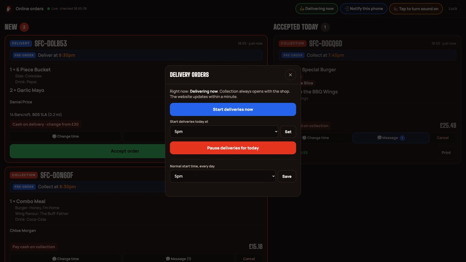 Delivery controls to start or pause deliveries and set hours